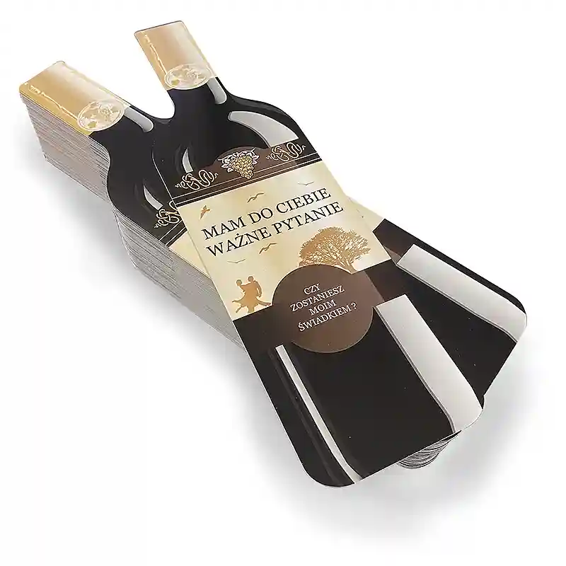 Die-cut cardboard product in the form of a bottle shape.