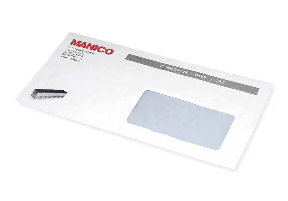DL envelopes with a window and a company logo imprint