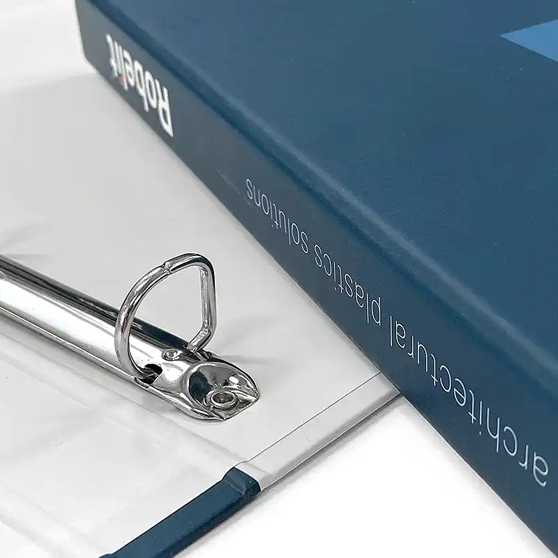Binders with a company print, nickel-plated fittings, D-shaped.