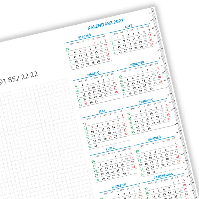 Clear handy calendar, ruler and large squared notepad. Possibility to change the colours in the calendar as desired.