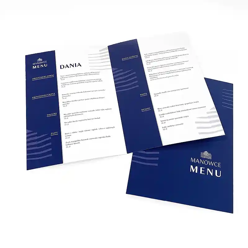 A printed folder in the form of a menu, folded in half.