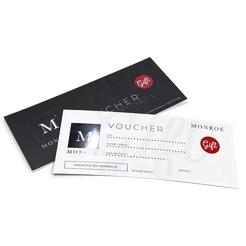 Greeting cards in the form of a DL format voucher. The substrate is matte coated paper 350 g + selective varnish.