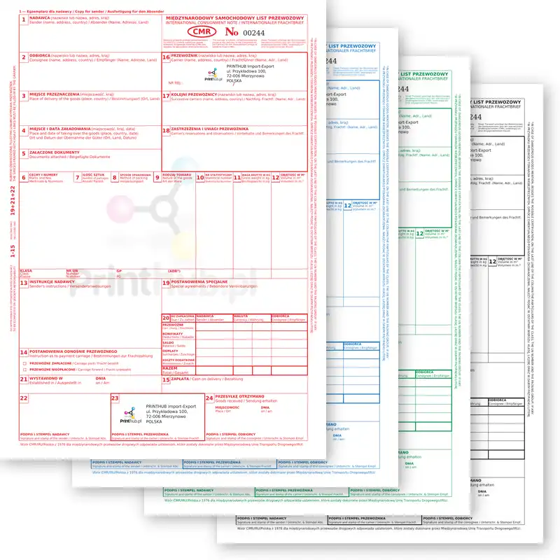 Numbered CMR forms personalised with the company logo and details. The form may contain any 3 languages, such as Polish, German, English, French, Ukrainian, Russian and others.