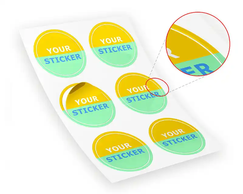 Self-adhesive die-cut stickers supplied on sheets<br> The picture shows exactly what the background bleed of the design is, cut it off while cutting it so that after removing the sticker from the transport paper, the print reaches every edge. The accuracy of the positioning of the graphics in relation to the cutting line is assumed to be &lt;1 mm. In most cases, the repeatability is accurate to the tenth of a millimeter