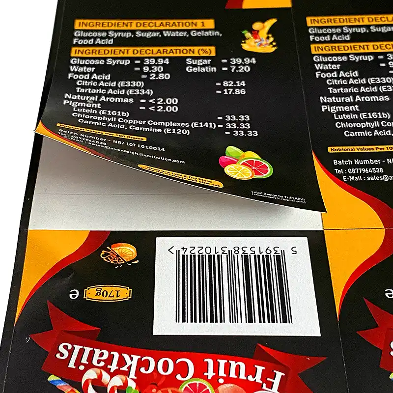 Self-adhesive labels for products. Stickers on sheets printed on paper.