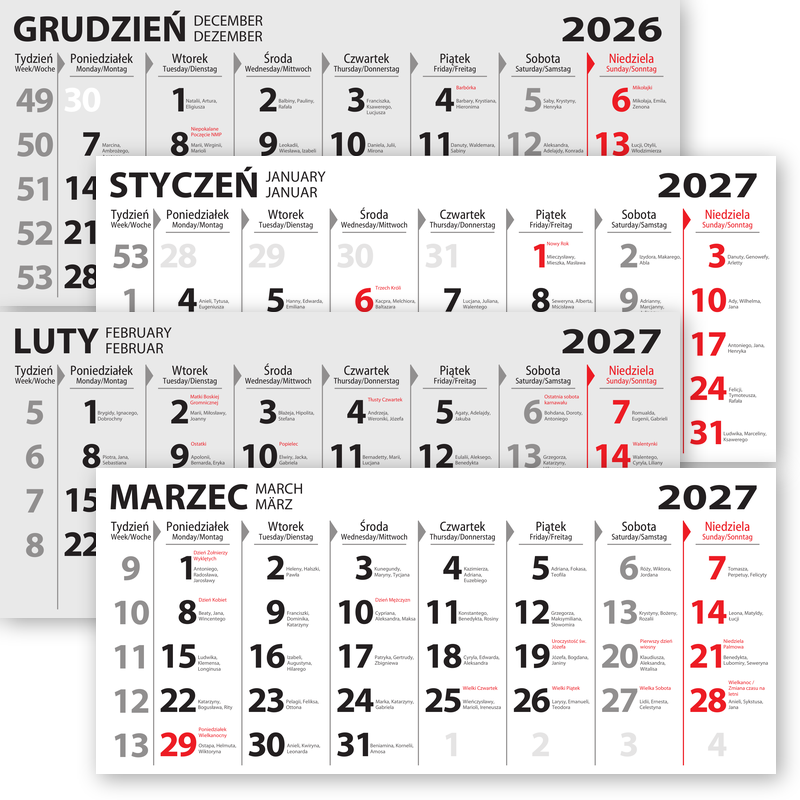 4-Month calendar pad with name days and descriptions of important days of the year. <br> Dimensions 315x140 mm