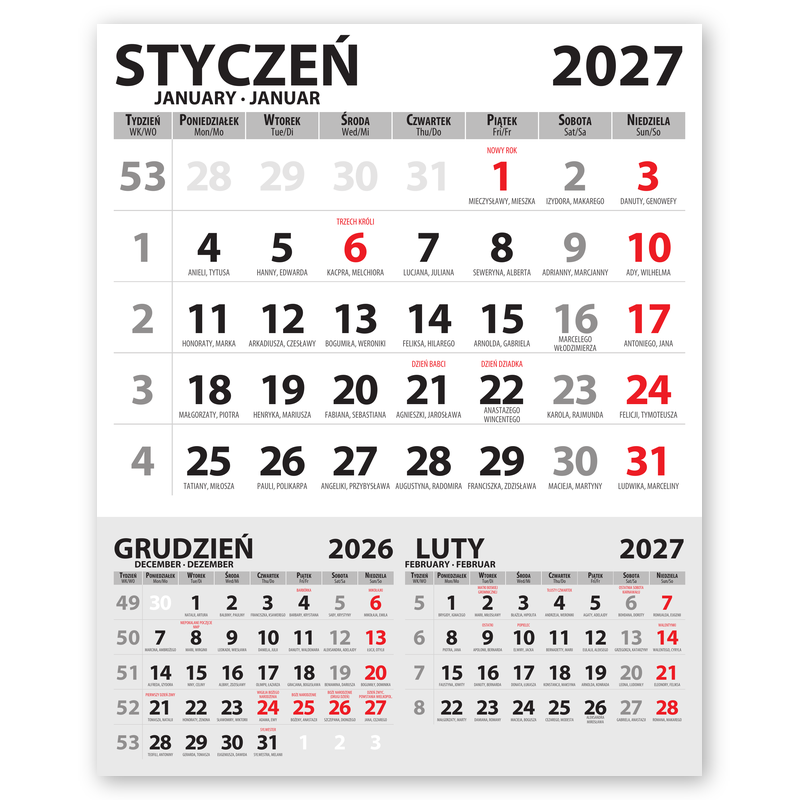 single-sheet calendar with name days and a description of important days of the year. <br>Dimensions 280x355 mm