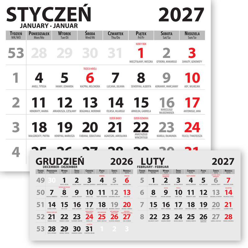 2-Month calendar with name days and descriptions of important days of the year.<br> Dimensions 280x230 + 280x125 mm