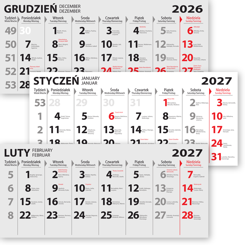 3-Month calendar with name days and descriptions of important days of the year. <br> Dimensions 315x140 mm