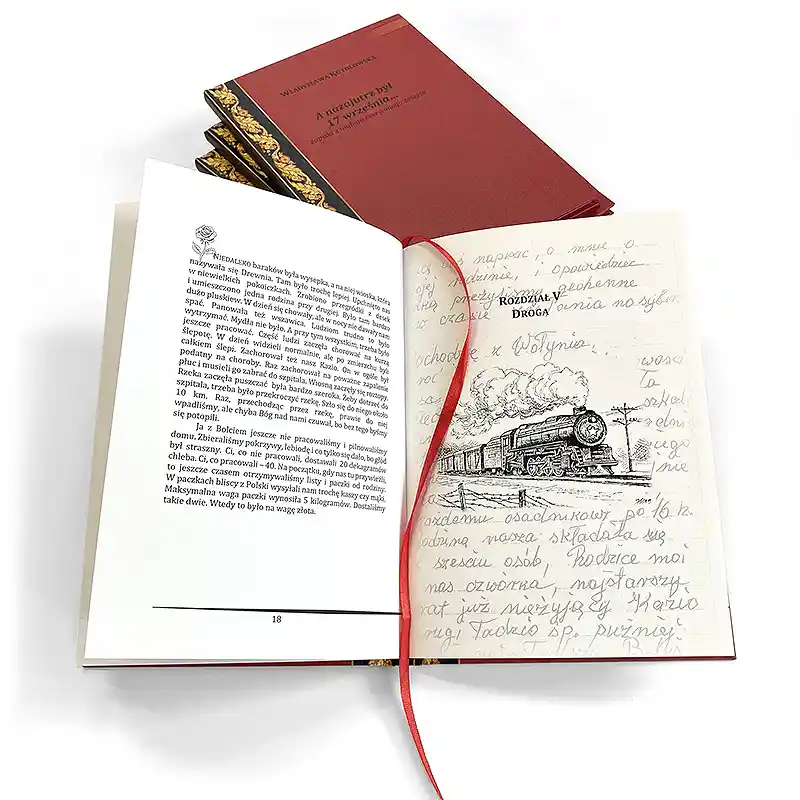 Hardcover book, red ribbon for reading.