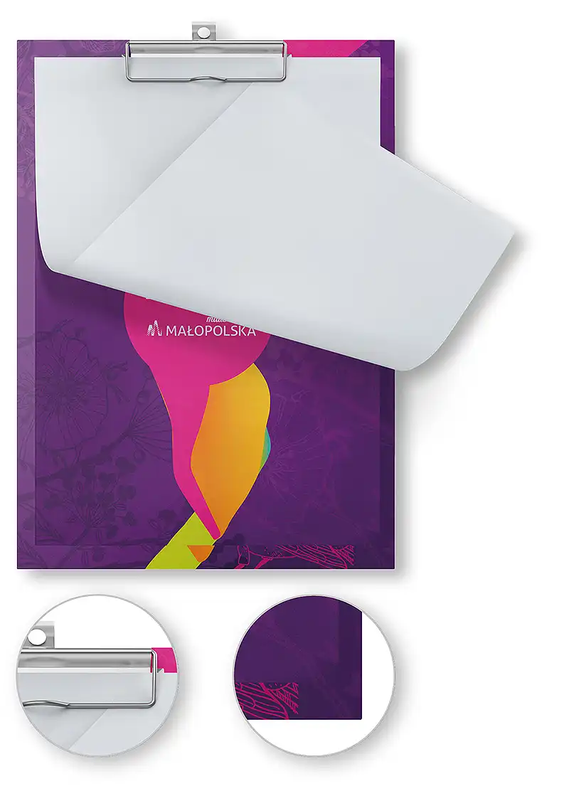 Clipboard - a pad with a clip with an advertising print
