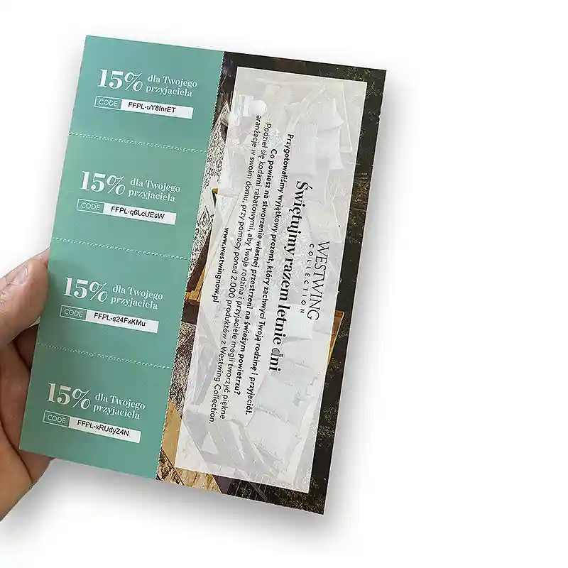 4 unique codes on 1 leaflet, separated by perforation