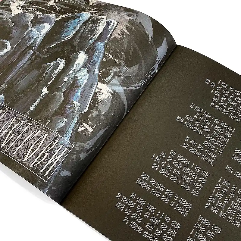 The inside of a vinyl booklet printed on uncoated paper.